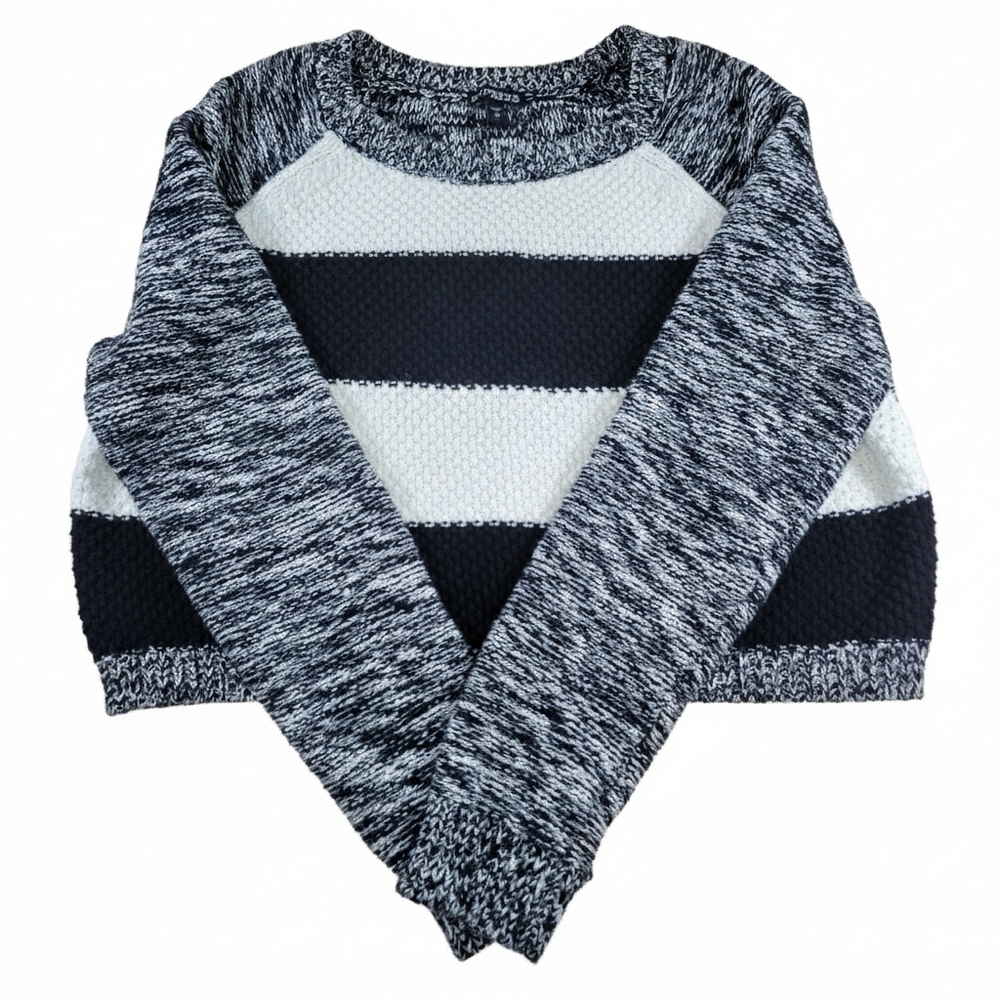Express Black & Off-White Striped Knit Cropped Crew Neck Sweater L